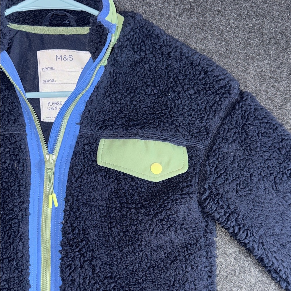 M&S Navy Sherpa  Jacket with Green Accents 9 to 10 years old - Picture 3 of 7